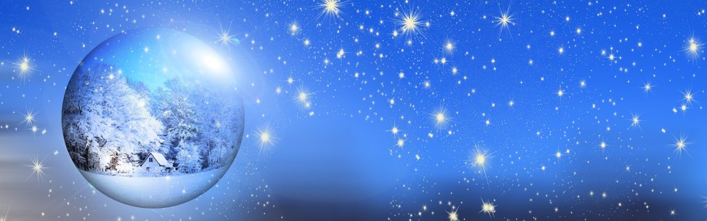 a bubble with a winter wonderland scene inside, in a blue sky of stars