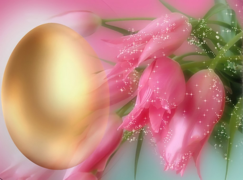 golden egg with pink tulips
