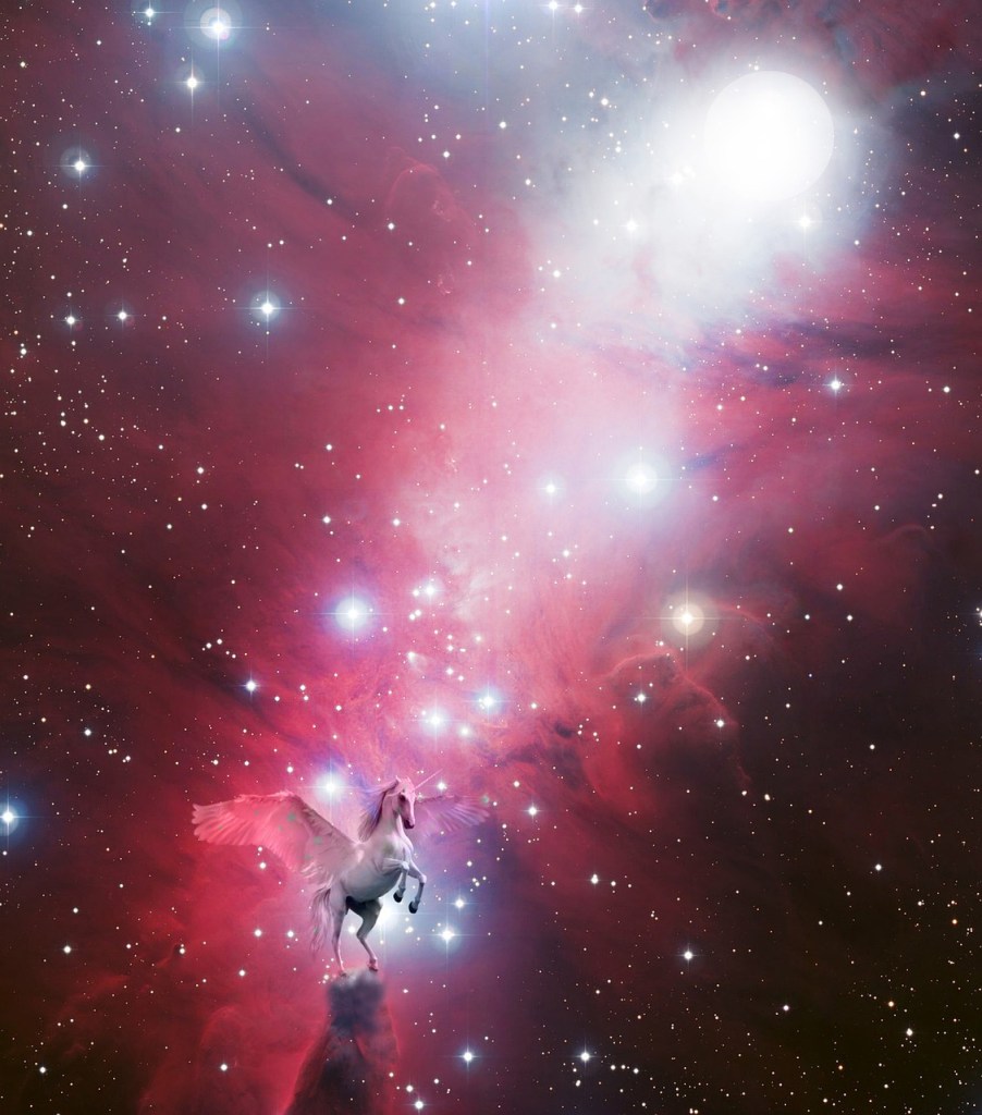 a winged unicorn in a sky of bright pink light