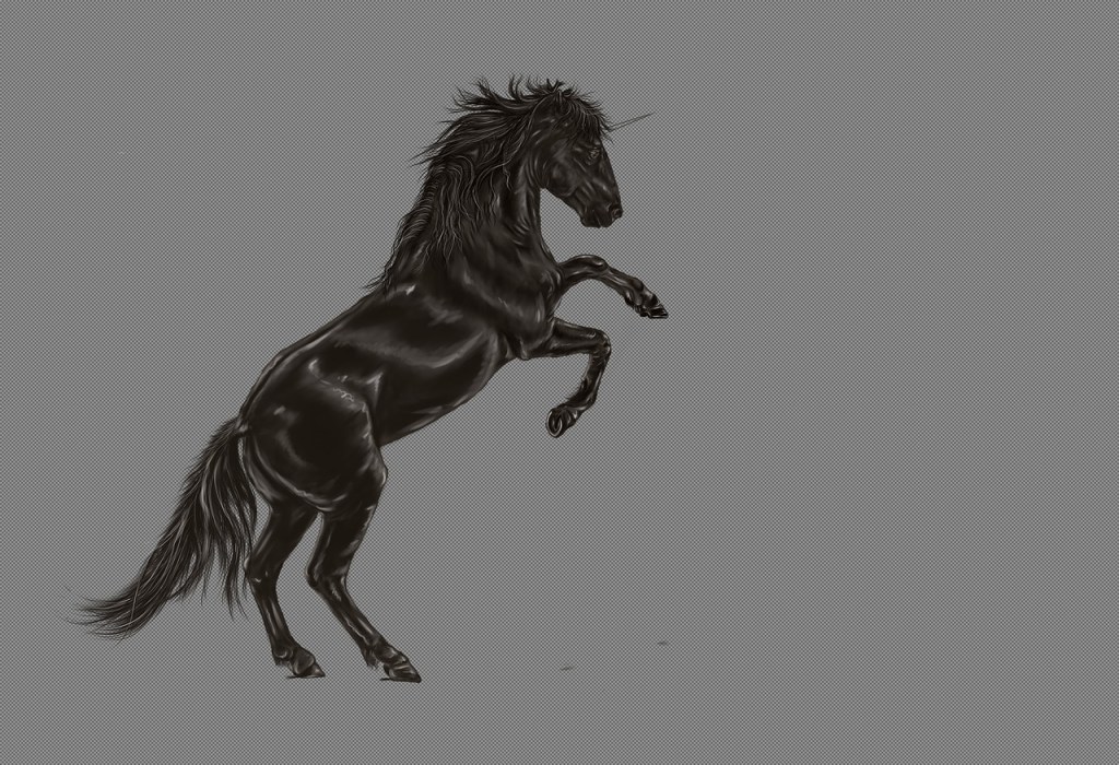 a black unicorn rising up on its rear legs