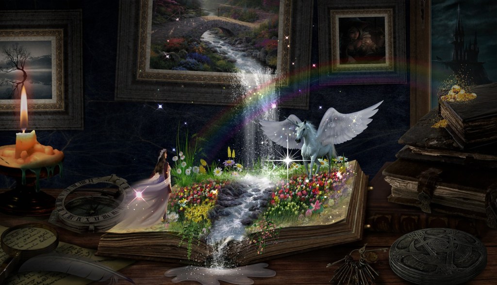 A pegasus unicorn on a book with flowers growing on the open pages. The backdrop is a room with pictures and ornaments.