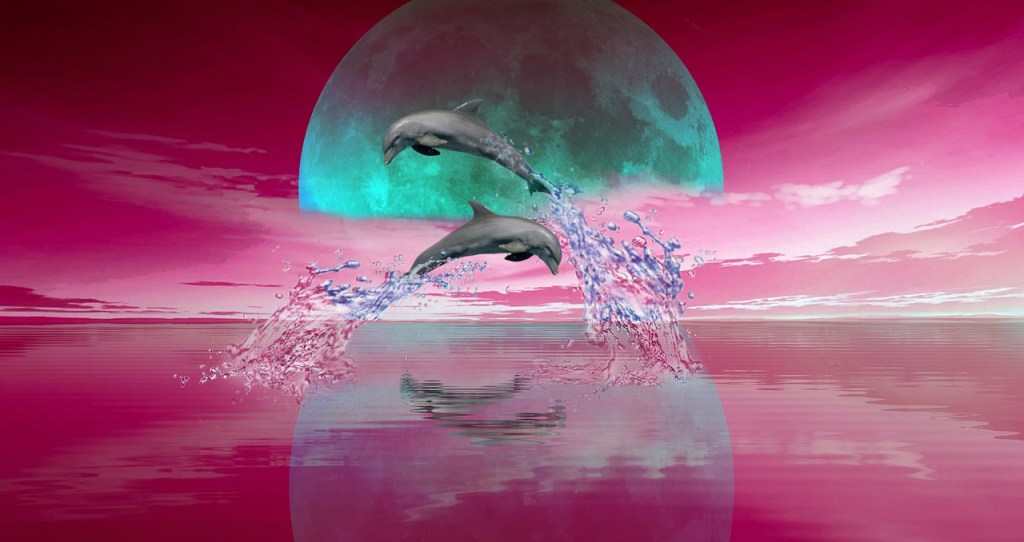 Two dolphins jumping above a pink sea with a pink sky and green moon behind them