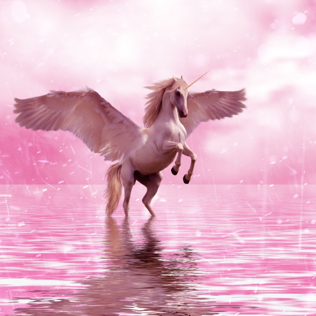 A winged Pegasus unicorn on its hind legs in pink water