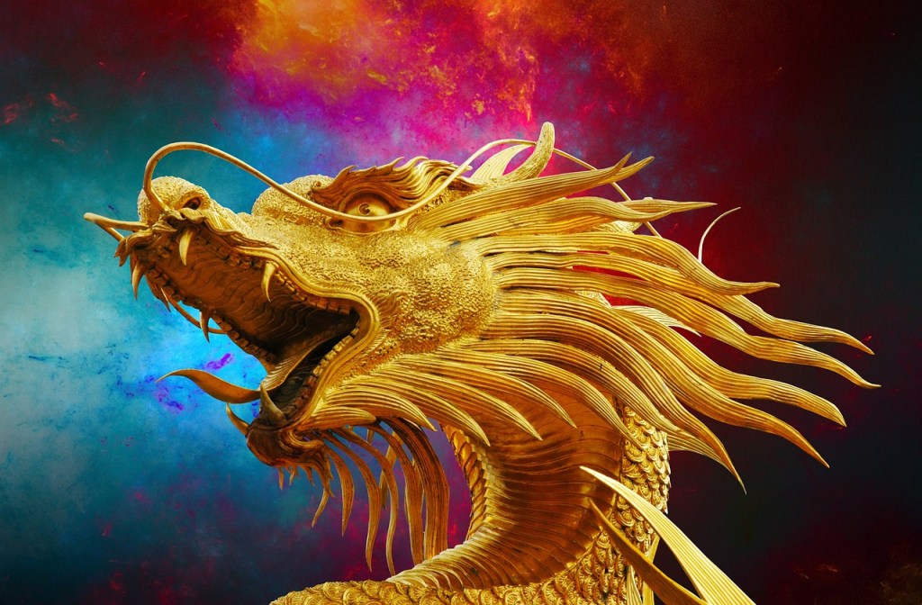golden dragon against a blue and pink sky
