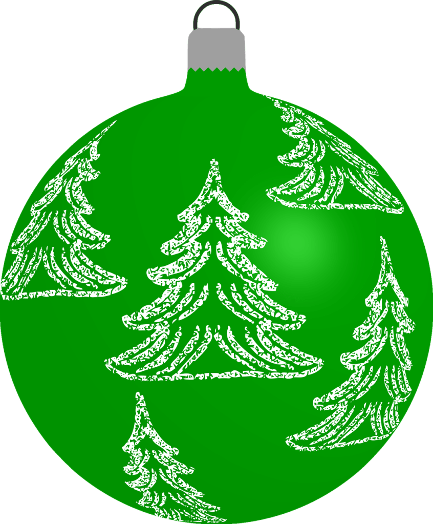 A Christmas Tree green bauble with pictures of trees on it