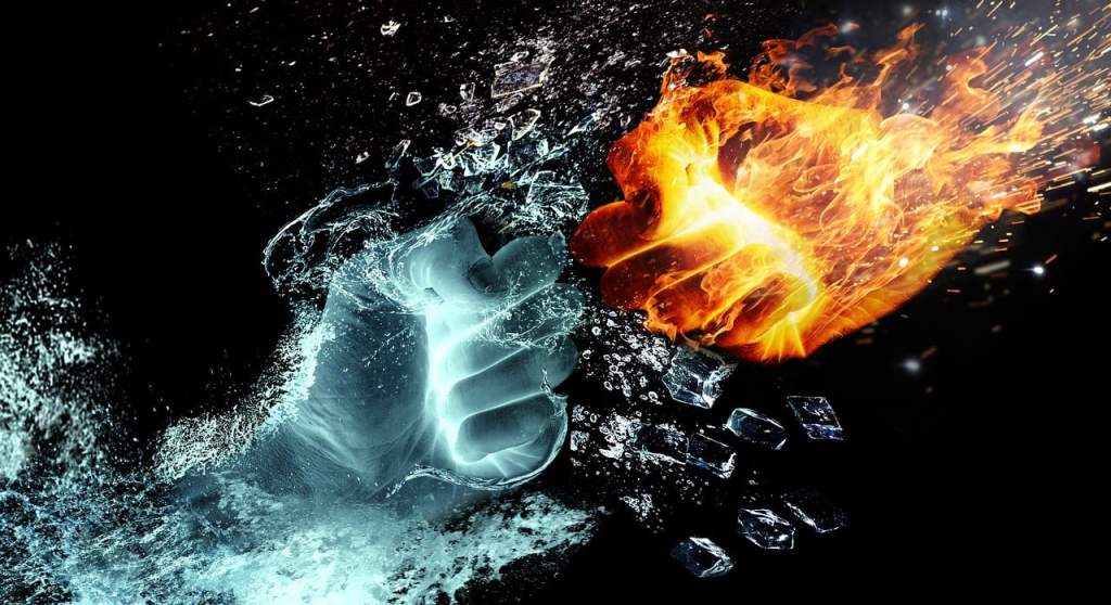 A hand of water touching a hand of fire