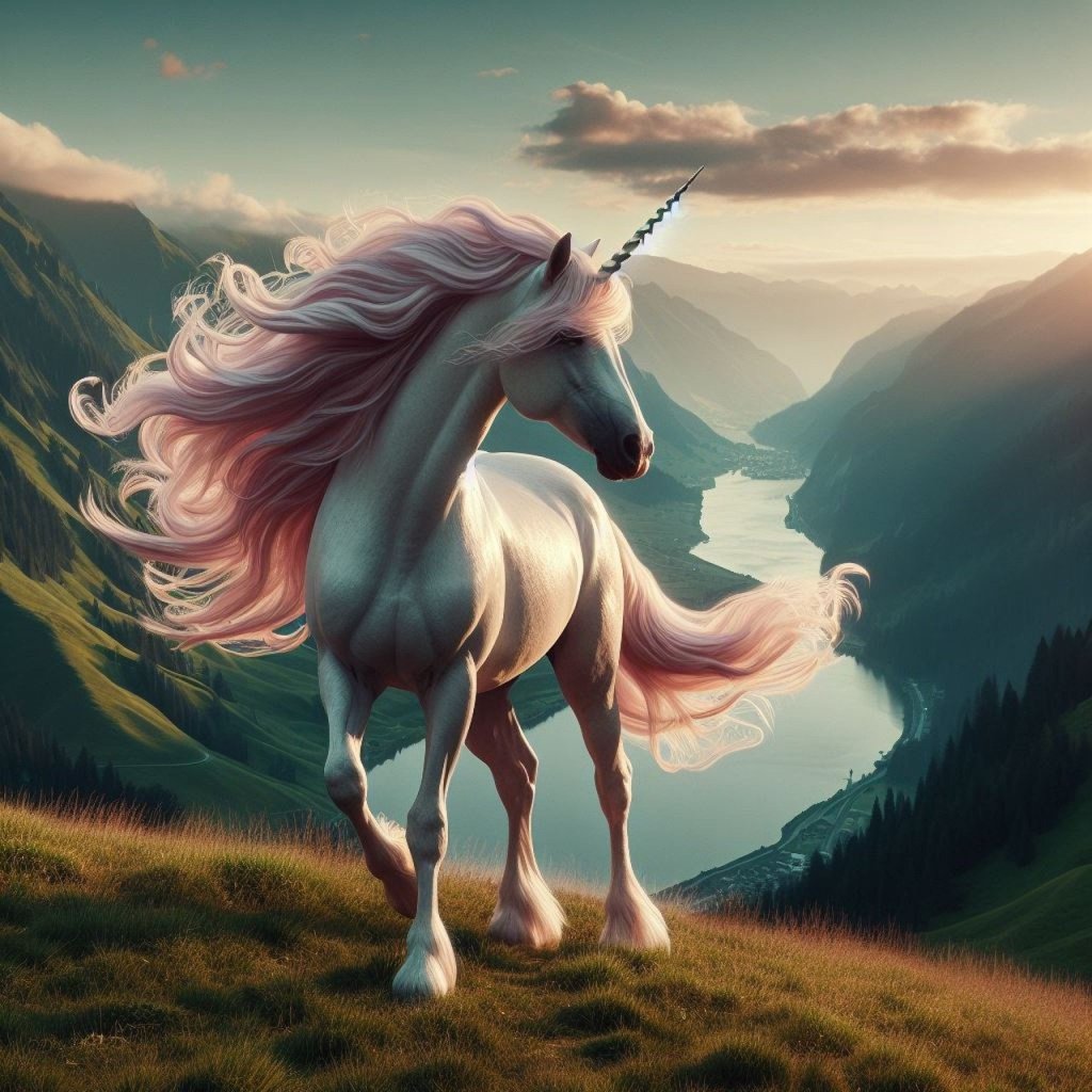 a pink unicorn with a long flowing mane against a backdrop of a valley and a lake