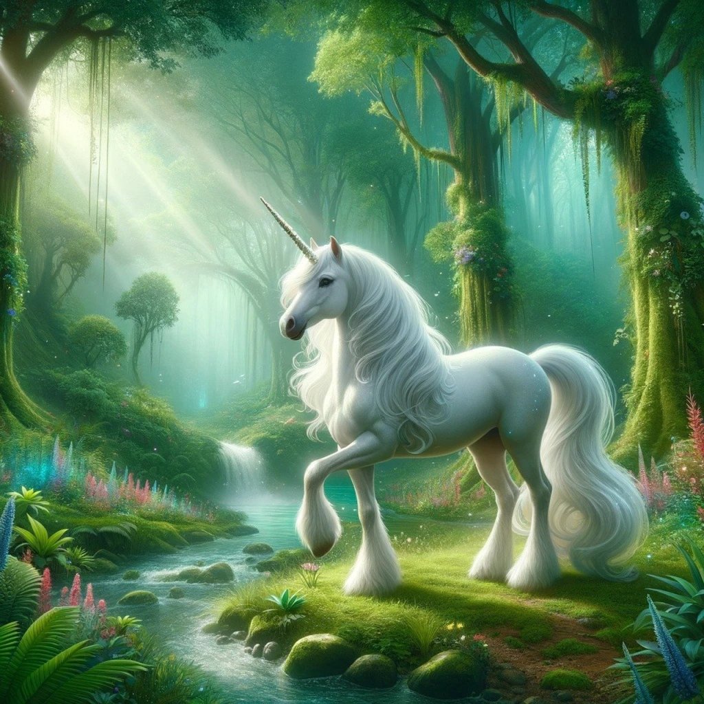 A white unicorn with long flowing mane and long tail, in a wood with a stream and trees around her