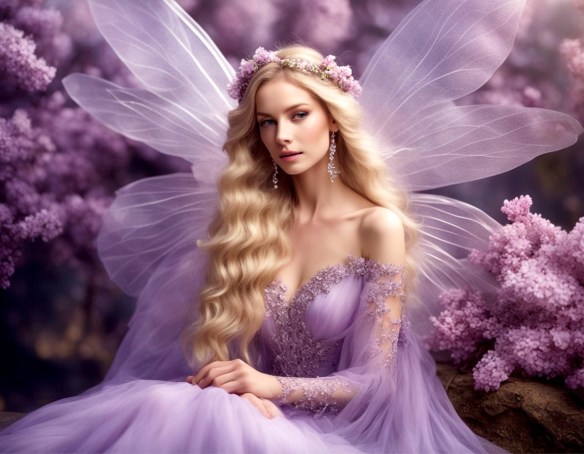 A fairy with long wavy blonde hair, a  crown of purple flowers, lilac wings behind her and a long flowing lilac dress