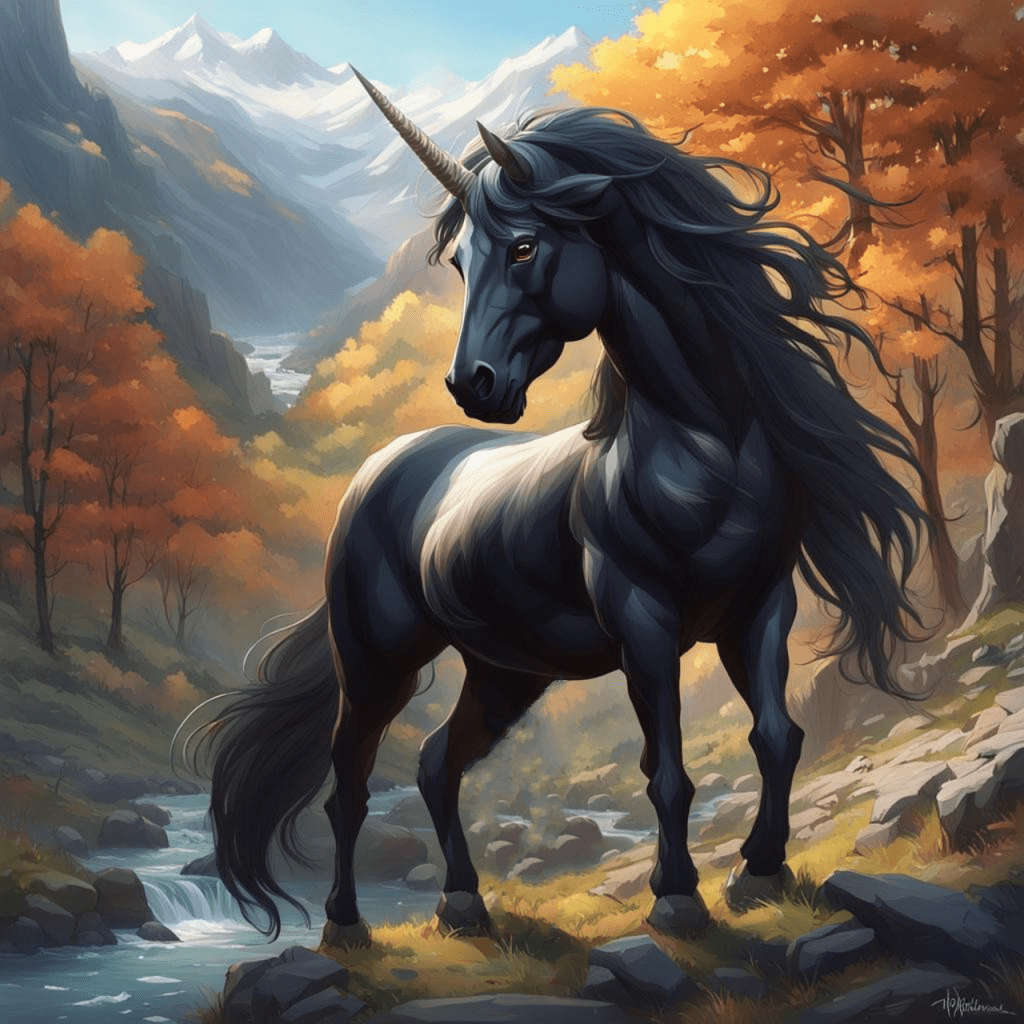 A black unicorn with long flowing mane and tail before a stream and a forest of golden leaved trees