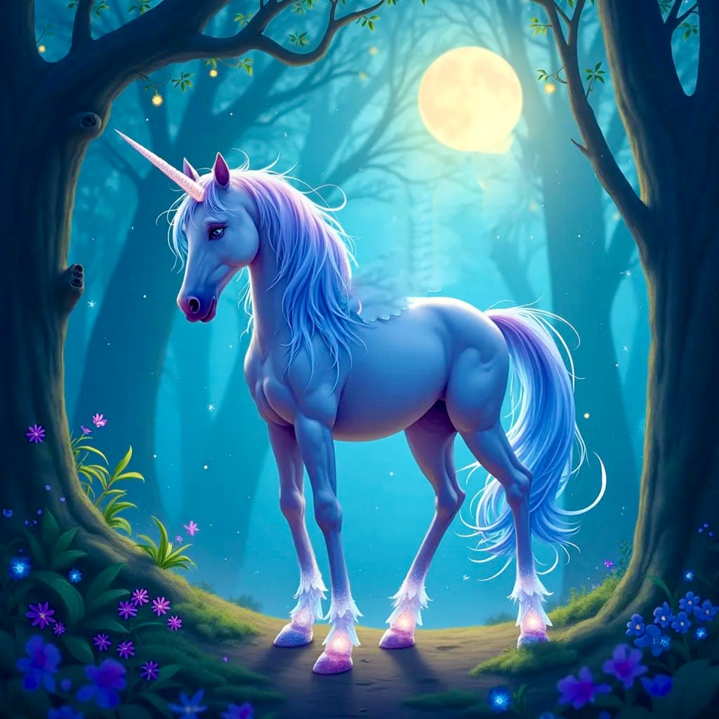 A lilac unicorn between trees with purple and blue flowers beneath them